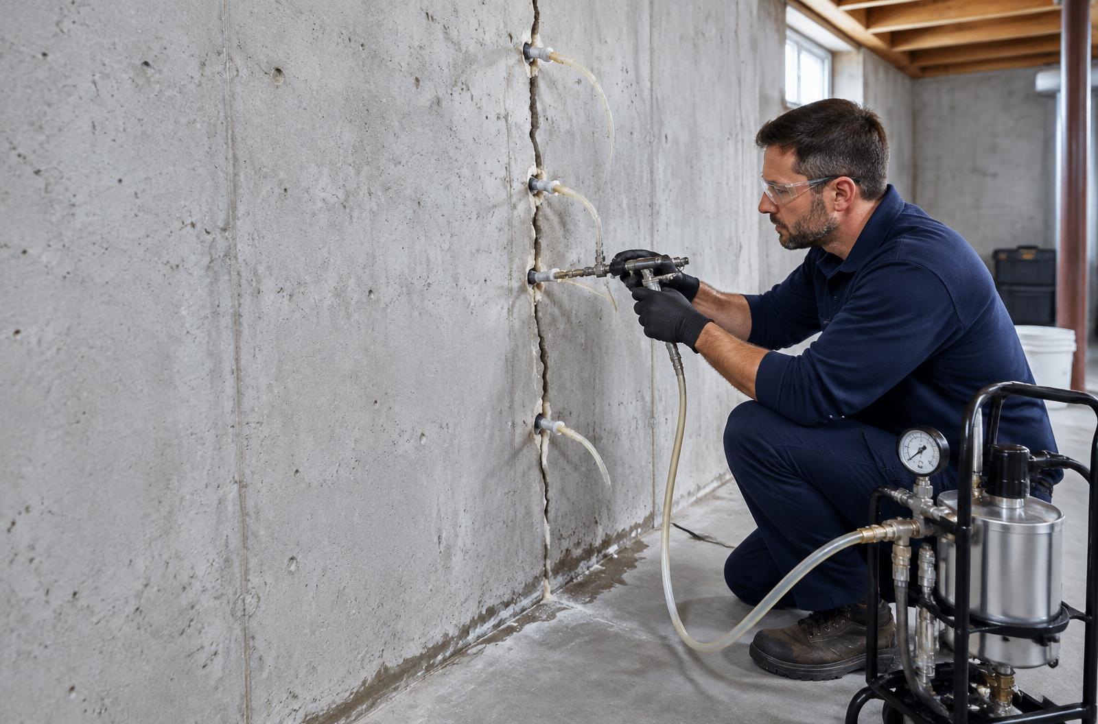Technician performing concrete crack injection