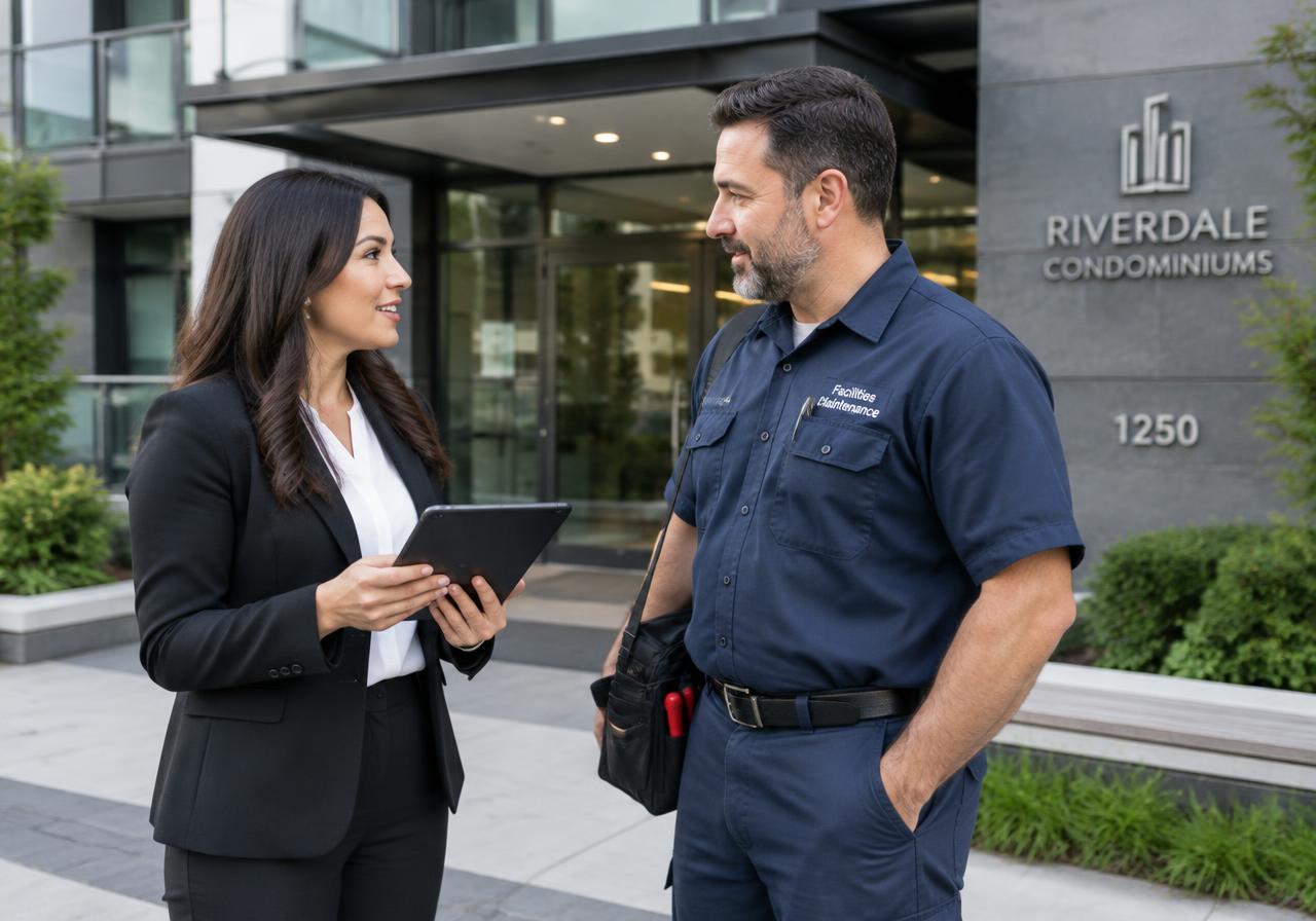 Property manager reviewing work with a facility technician